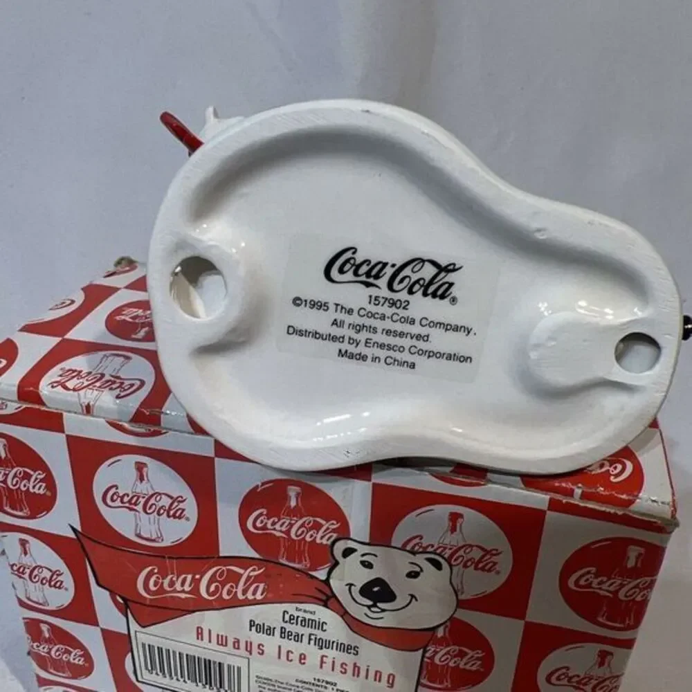 Coca-Cola Always Ice Fishing Ceramic Polar Bear‎ Figurine  - Vintage 1995